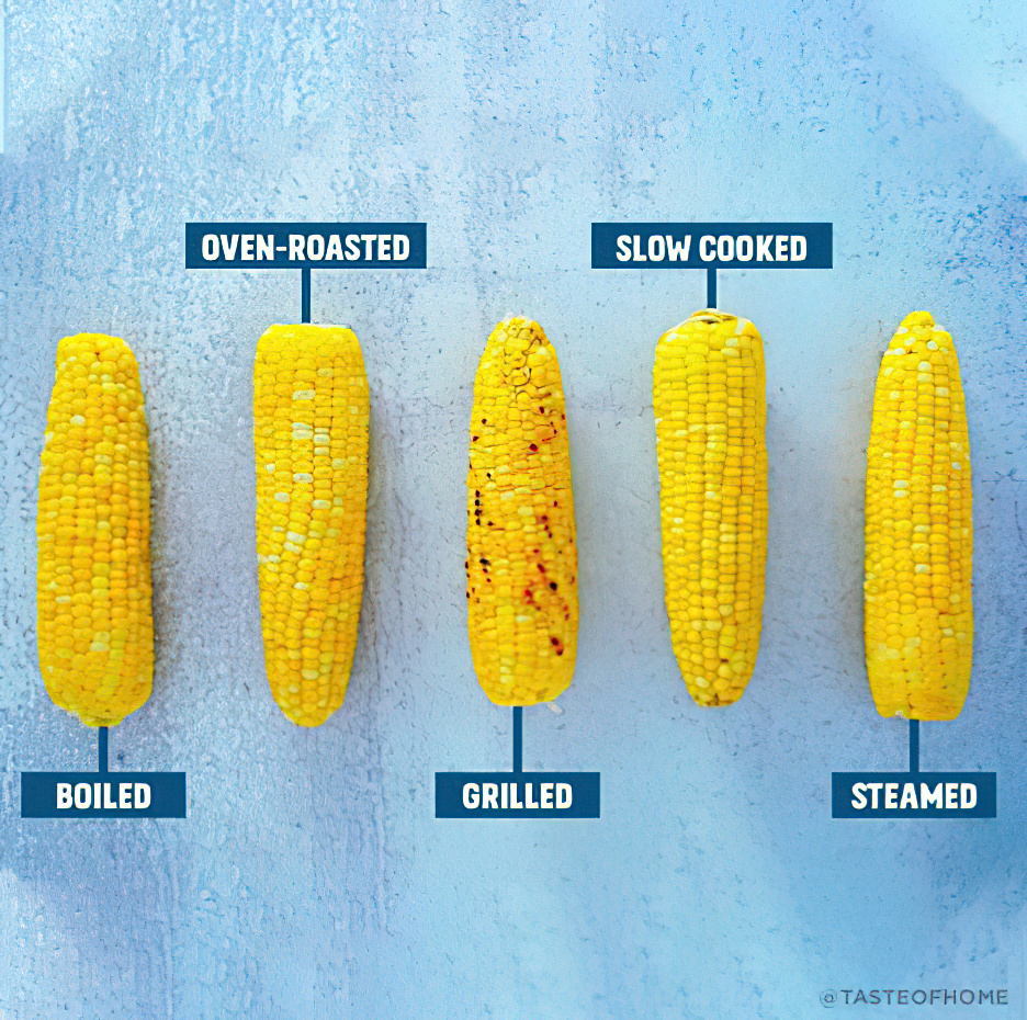 Images of five different ways to prepare corn on the cob: boiled, oven-roasted, grilled, slow cooked, and steamed