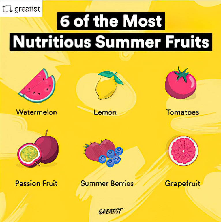 Images of six of the most nutritious summer fruits: watermelon, lemon, tomatoes, passion fruit, strawberry and blueberries, and grapefruit.